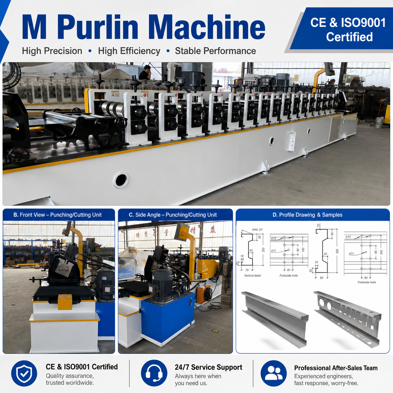 Automatic M Purlin Roll Forming Machine with Punching and Cutting System