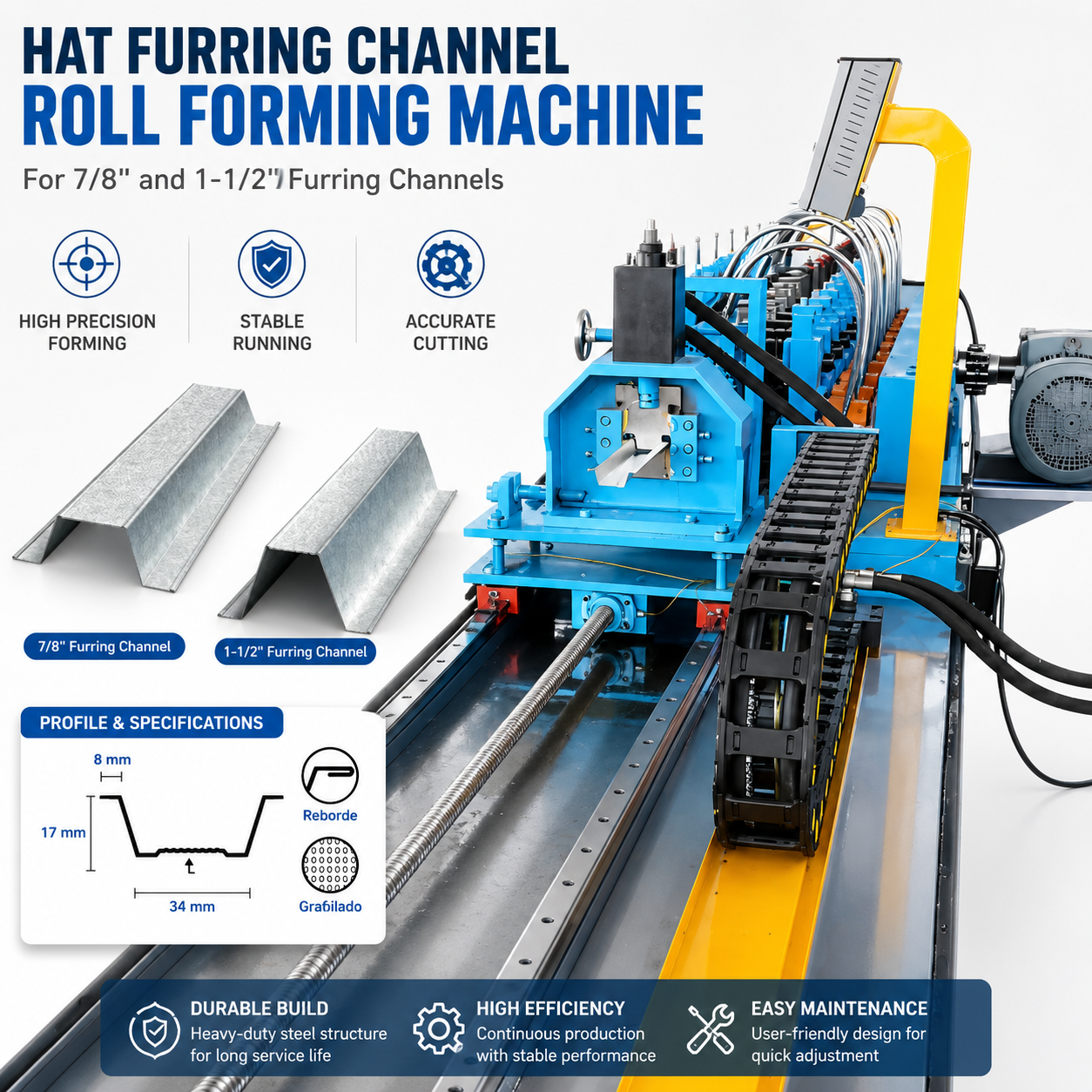 Hat Furring Channel Roll Forming Machine for Metal Ceiling Channel Production