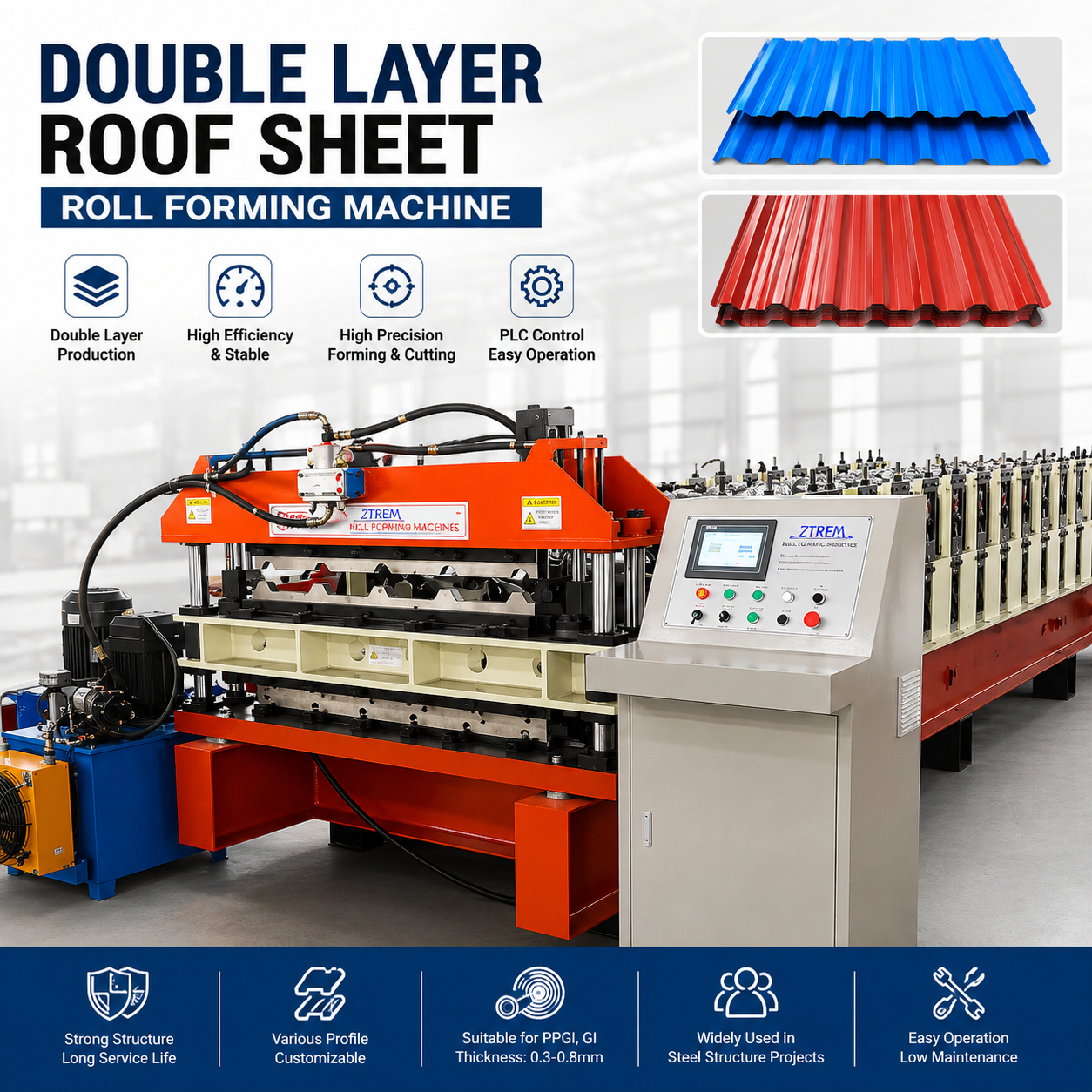 Double Layer Roof Sheet Roll Forming Machine for Color Coated Steel