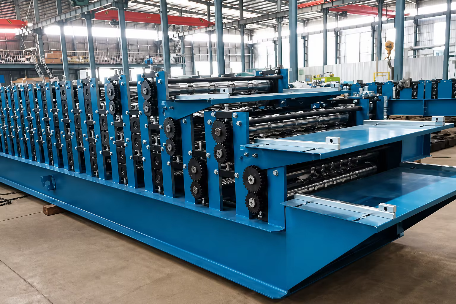 Long roof sheet roll forming line with roller stations