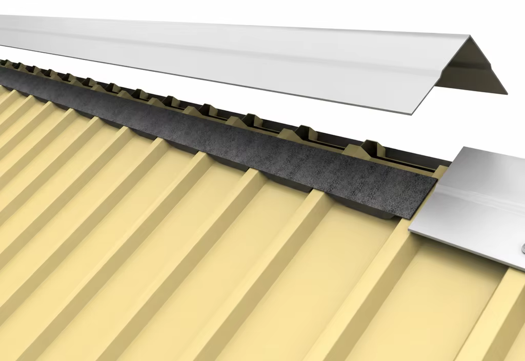 Finished ridge capping installed over a corrugated colour-coated roof