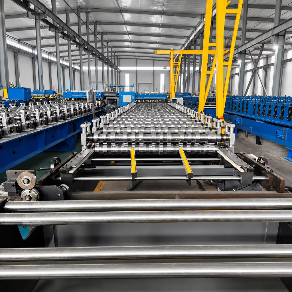 Glazed tile forming line with roller stations in a roll forming workshop