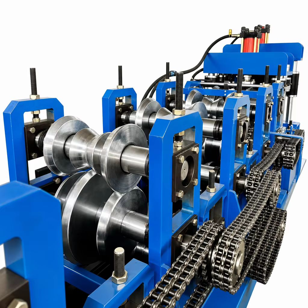 Close-up of chain-driven forming stations and steel rollers