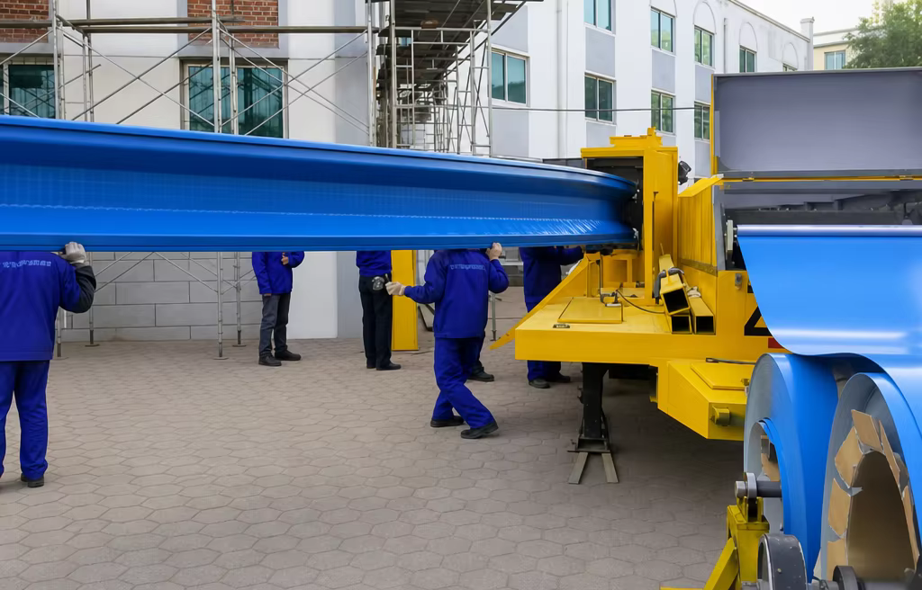Arch roof panel being formed on site and guided by the installation crew