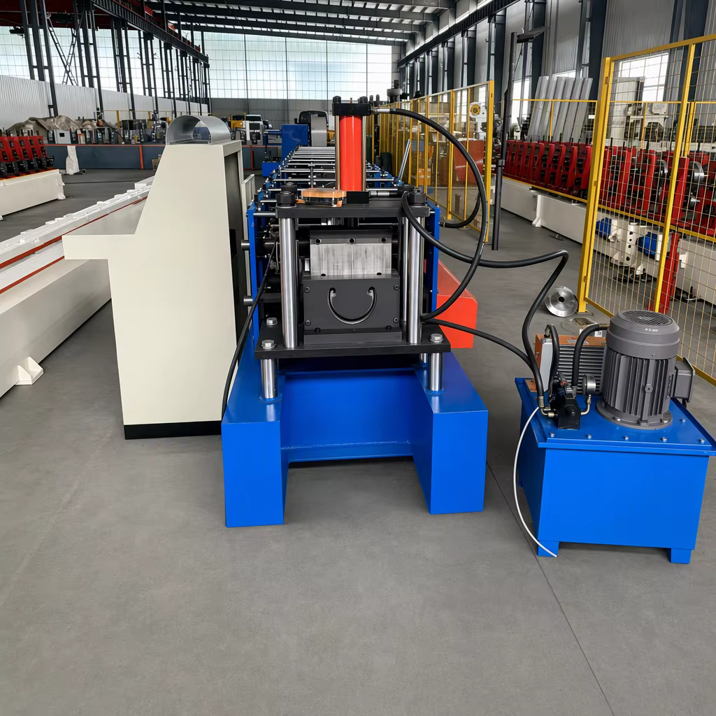 Gutter roll forming machine installed in a metal roofing workshop