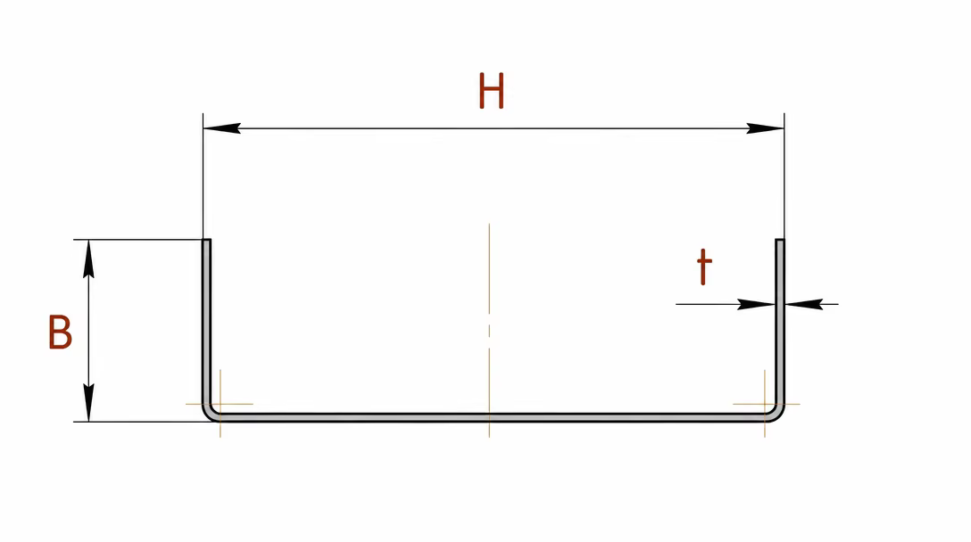 U section profile drawing with height, flange width and thickness marks