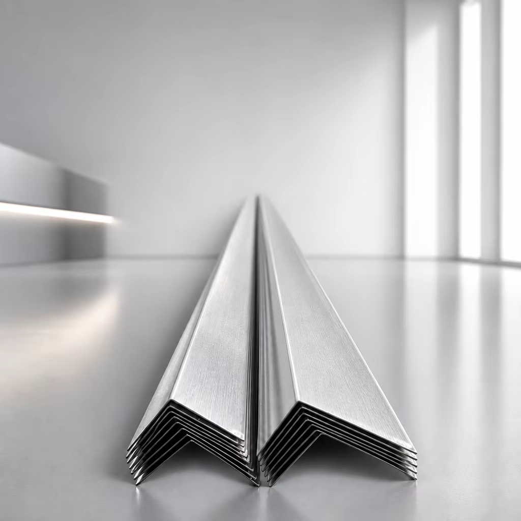Stacked 90 degree wall angle profiles with brushed metal surface