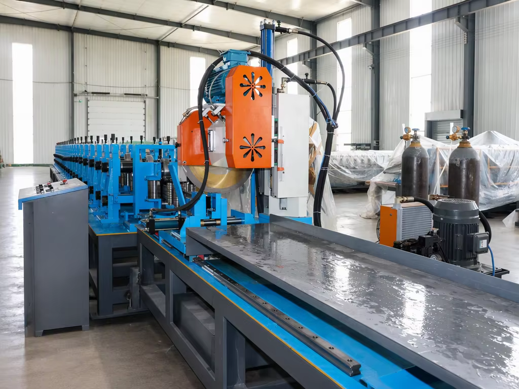 Shelf beam roll forming line in a workshop with saw cutting unit