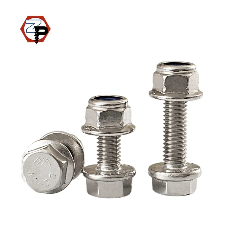 DIN6921 SS 304 A2-70 A4-80 Stainless Steel M5 M6 M8 M10 M12 M16 Hexagon Flange Bolts with Nylon Lock Nuts Hex Flange Bolts+16mm+M5