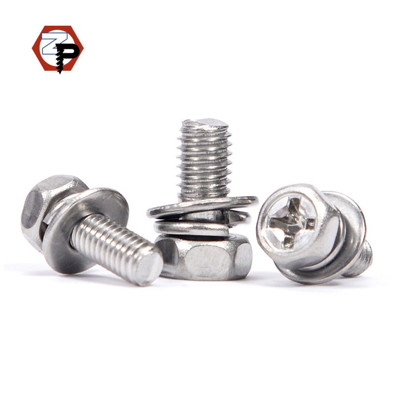 Stainless Steel SS 304 A2-70 Plain Finish M3 M4 M5 M6 M8 GB29 Cross Recessed Hexagon Bolt With Spring Washer and Flat Washer