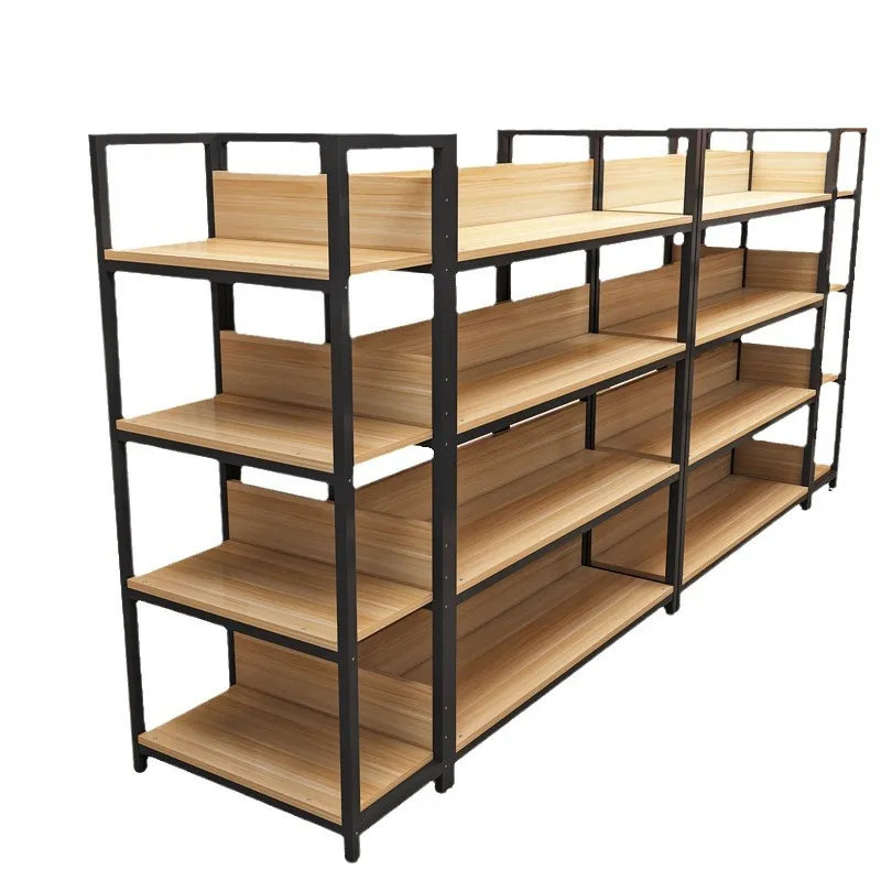 Customized Double Sided Retail Metal Supermarket Display Racks Wooden Steel Commercial Display Racks 1-5 Layers+10-50 kg+W900/1200*D250/300/350/400/450/500*H1300/1600/1900/2200mm+ODM+Black/white/gray/wood grain/yellow/blue/red etc.