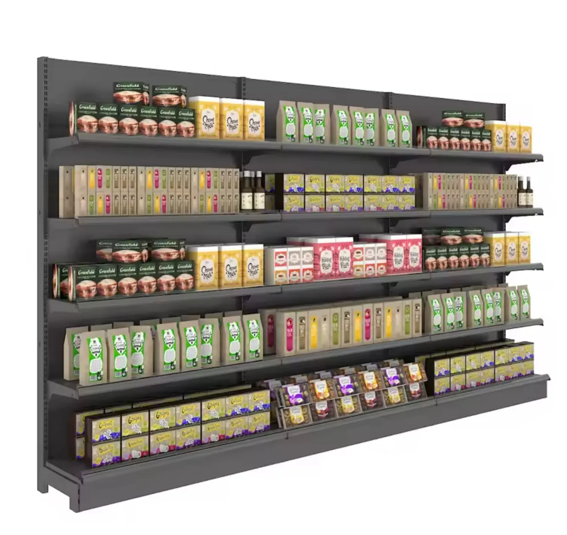 Supermarket Shelf Display Rack Single Sided Convenience Store Snack Shelf More Provinces Durable Metal Material 1-7 Layers+120-160 kg+Optional+W900/1200*D250/300/350/400/450/500*H1300/1600/1900/2200mm+ODM