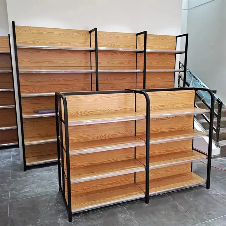 China Factory Wholesale Good Quality Metallic Wooden Supermarket Shelf Black/white/gray/wood grain/yellow/blue/red/or customized colors+W900/1200*D250/300/350/400/450/500*H1300/1600/1900/2200m+ODM