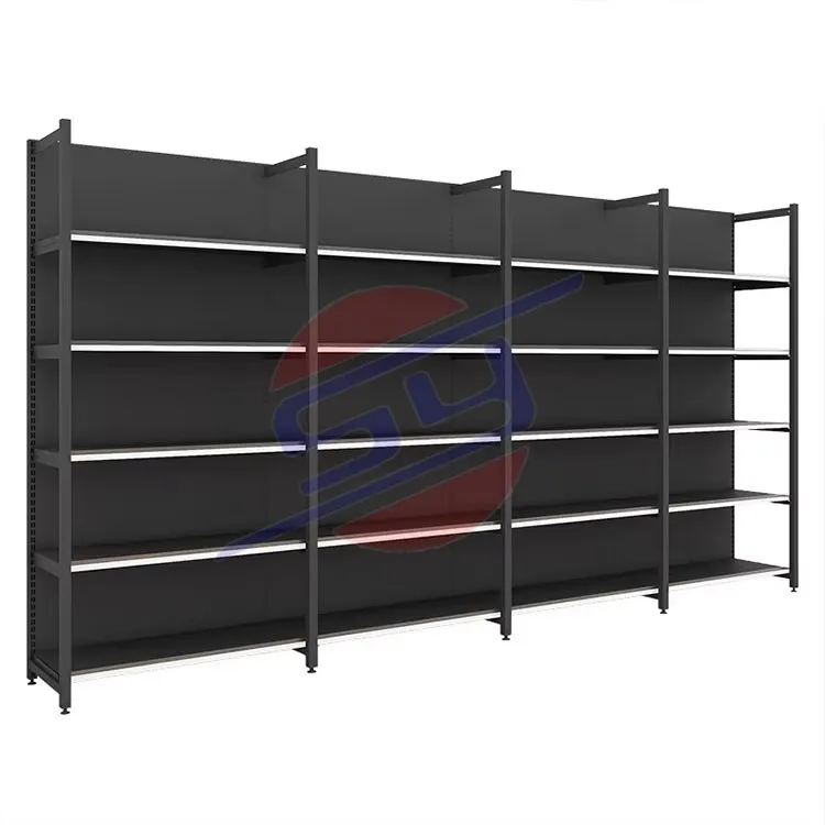 Adjustable Disassembled Supermarket Shelving Retail Gondola Shelving Black Jiangsu Display Rack Shelves With Free 3D Design 1-7 Layers+120-160 kg+W900/1200*D250/300/350/400/450/500*H1300/1600/1900/2200mm+ODM+Black/white/gray/wood grain/yellow/blue/red etc.