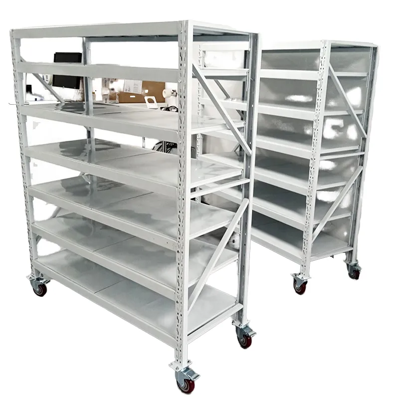 Factory Wholesale Warehouse Shelving Storage Metal Boltless Powder-Coated Stacking Racks with Wheels