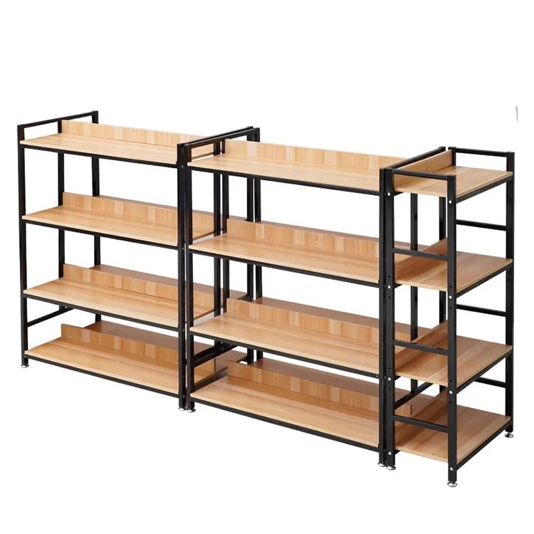 Custom Shop Double-Sided Supermarket Wooden Display Rack Shelves Metallic Super Market Racks W900/1200*D250/300/350/400/450/500*H1300/1600/1900/2200mm+Custom Products+ODM+Black/white/gray/wood grain/yellow/blue/red/or customized colors+4-7 or customized