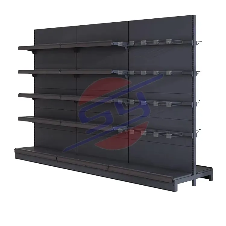 Best Selling Modern Steel Metal Display Rack Heavy-Duty Double-Sided Iron Shelves for Grocery Supermarket Light Duty Style W900/1200*D250/300/350/400/450/500*H1300/1600/1900/2200m+ODM+Black/white/gray/wood grain/yellow/blue/red/or customized colors+60-150 KG per Shelf+4-7 or customized
