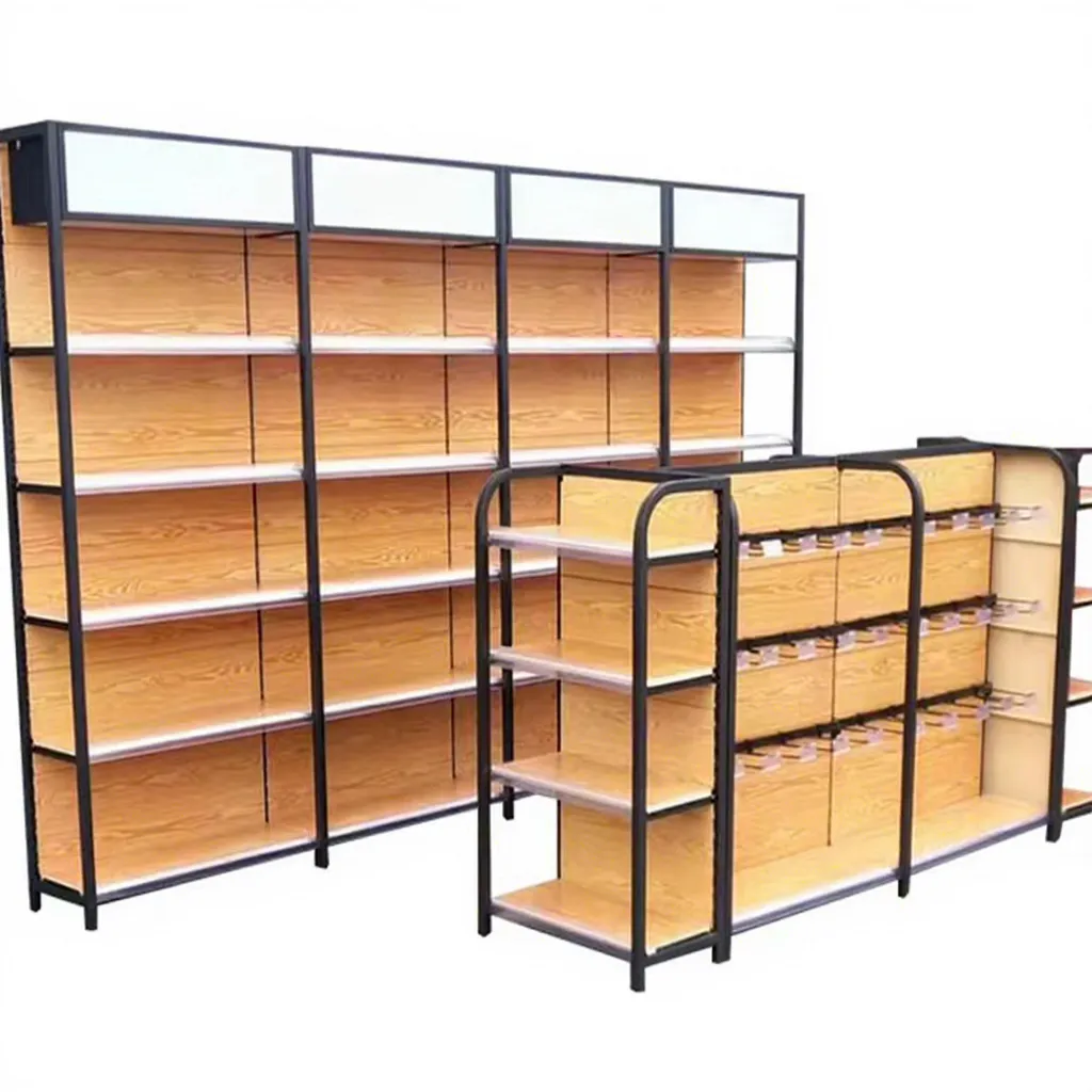 Single / Double-sided Supermarket Shelves Modern Iron Convenience Store Shelves Grocery Metal Supermarket Stacking Display Racks 1-5 Layers+10-50 kg+Wood Grain+W900/1200*D250/300/350/400/450/500*H1300/1600/1900/2200mm+ODM