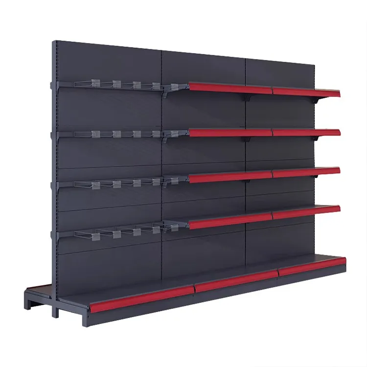 Customized Double-Sided Metallic Supermarket Rack Light Duty Grocery Store Display Shelf for Supermarket Use Black/white/gray/wood grain/yellow/blue/red/or customized colors+W900/1200*D250/300/350/400/450/500*H1300/1600/1900/2200m+ODM