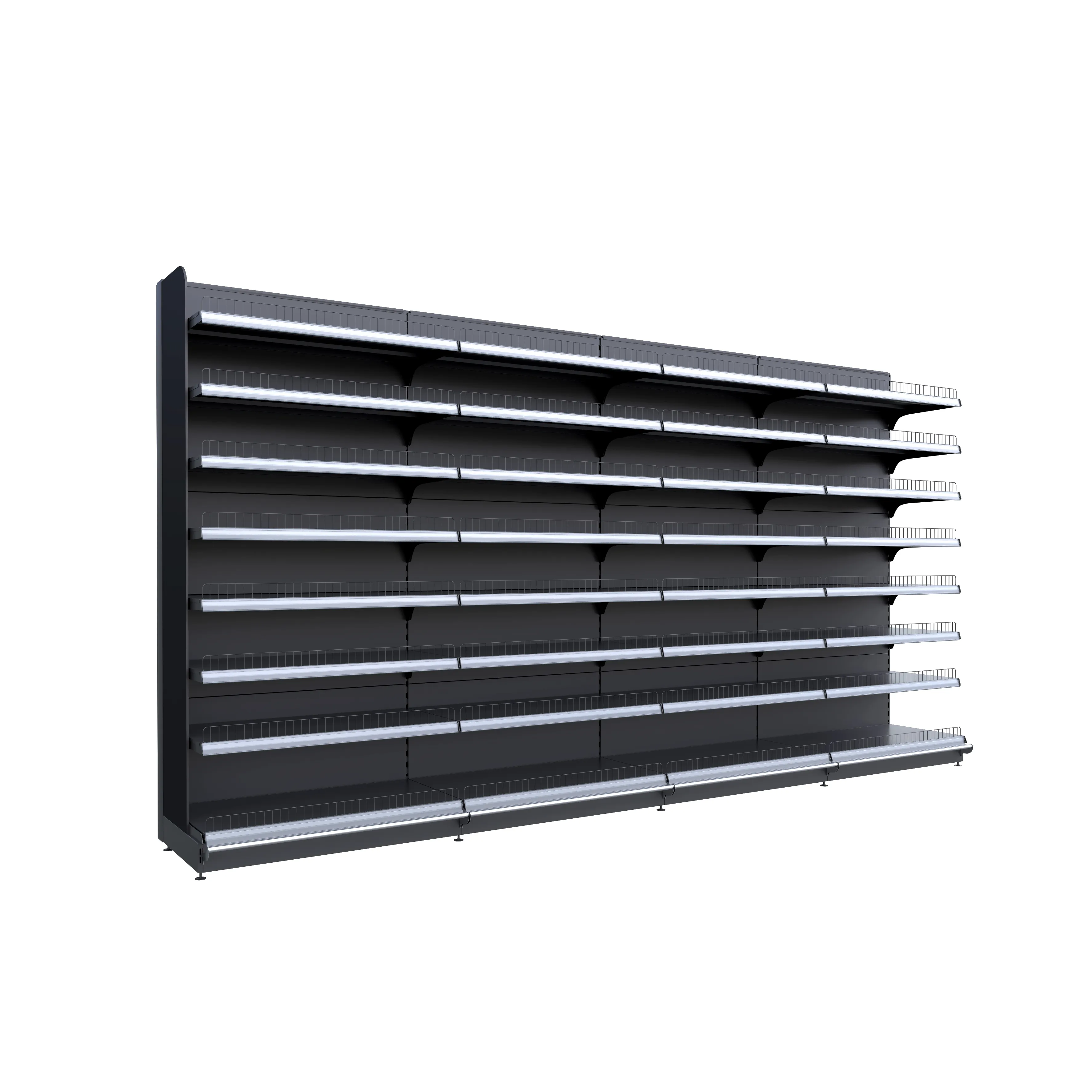 Customized Supermarket Shelf Single/Double Sided Display Racking Retail Store Shelves Display Shelving Museum Racks 120-160 kg+W900/1200*D250/300/350/400/450/500*H1300/1600/1900/2200mm+ODM+Black/white/gray/wood grain/yellow/blue/red etc.+4/5/6/7Layers