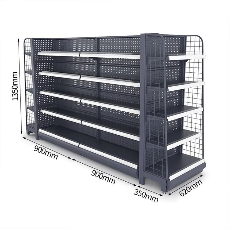 Custom Iron Metal Retail Shelf Display Supermarket Gondola Shelving Rack Shelves for Retail Store Price 1-7 Layers+120-160 kg+Wood Grain+W900/1200*D250/300/350/400/450/500*H1300/1600/1900/2200mm+ODM