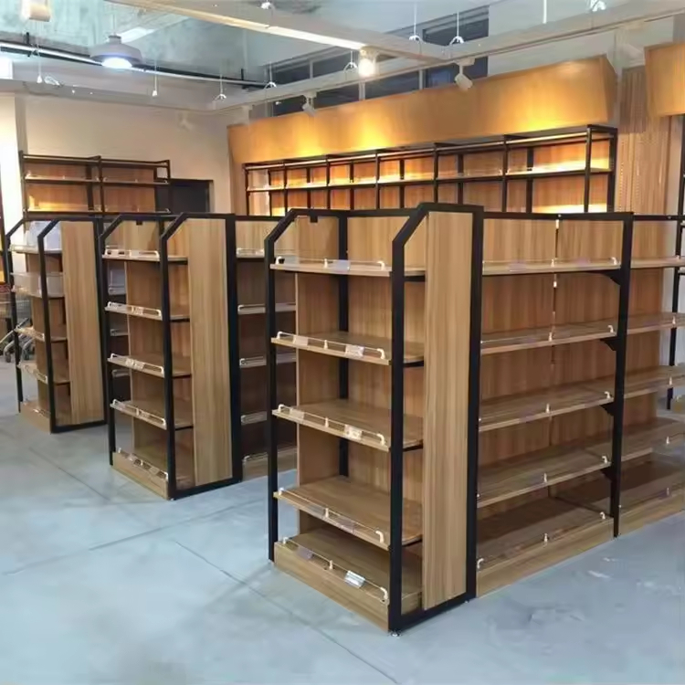 Custom Shop Supermarket Wooden Wood Grain Display Stand Gondola Shelving Double-sided Supermarket Shelves Super Market Racks