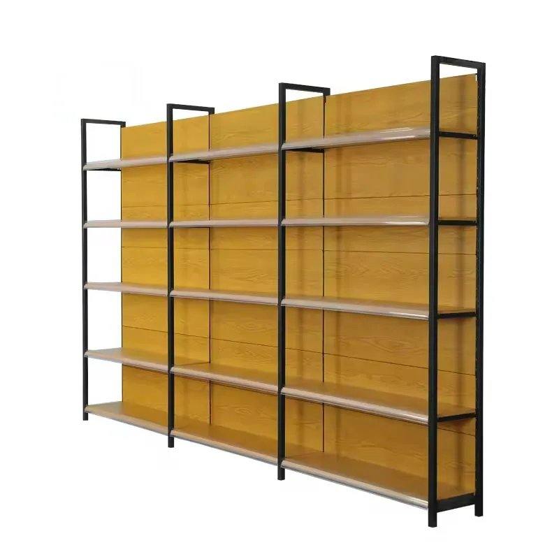 Grocery Store Shelving Can Be Customized on One Side with Four Vertical Columns to Stabilize Supermarket Stand 1-5 Layers+10-50 kg+W900/1200*D250/300/350/400/450/500*H1300/1600/1900/2200mm+ODM+Black/white/gray/wood grain/yellow/blue/red etc.