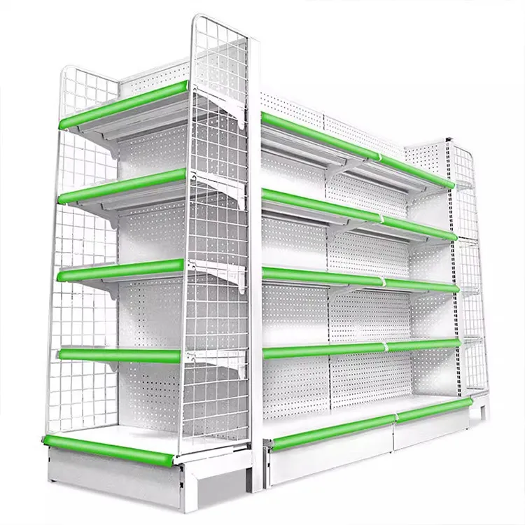 Custom White Metallic Double-Sided Gondola Shelves for Supermarkets Superstore Retail Wall Rack Black/white/gray/wood grain/yellow/blue/red/or customized colors+W900/1200*D250/300/350/400/450/500*H1300/1600/1900/2200m+ODM